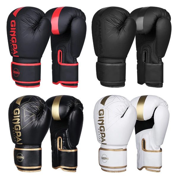 A set of black and white boxing training gloves shown in various styles and colors.