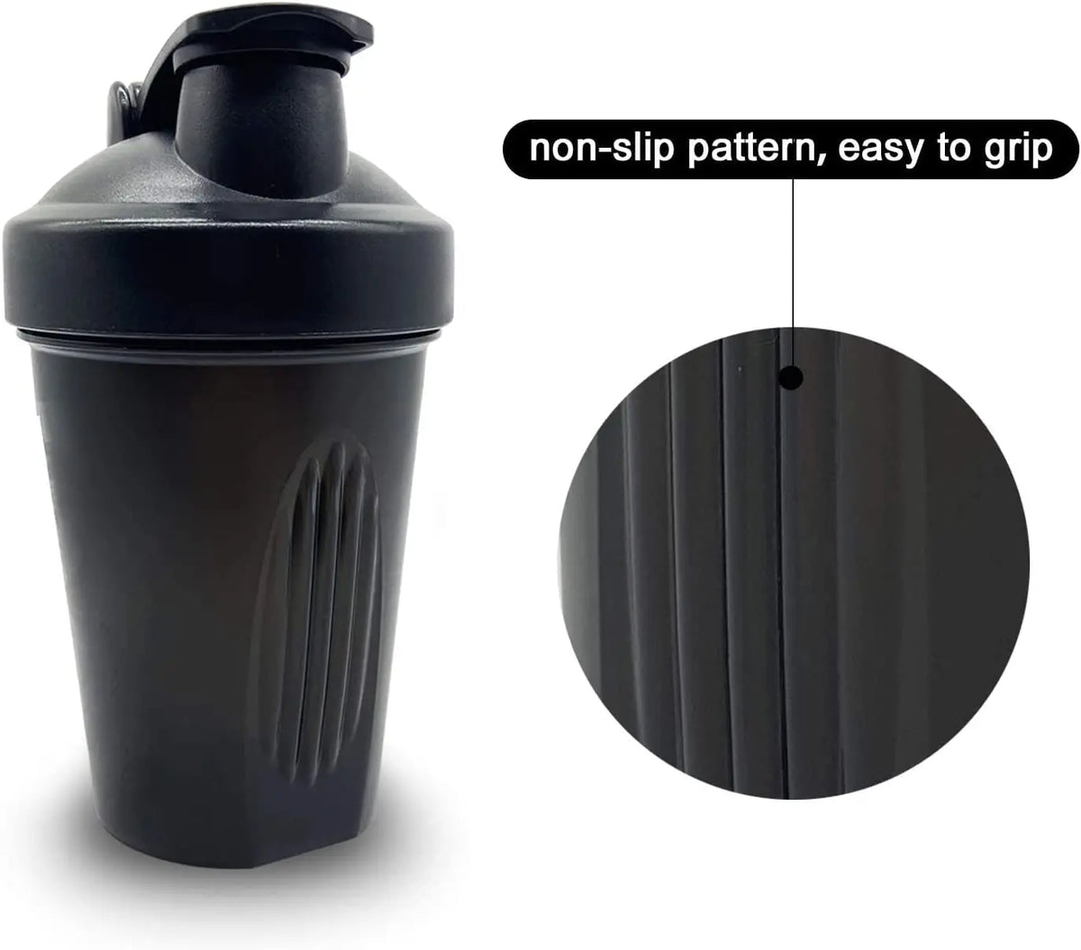 A black leak-proof shaker bottle with a non-slip pattern for easy grip.