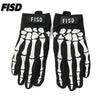 A pair of black tactical grips or gloves with white skeletal hand patterns and FISD branding.
