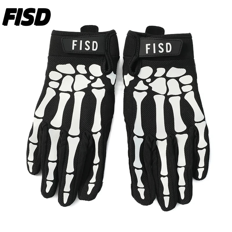 A pair of black tactical grips or gloves with white skeletal hand patterns and FISD branding.