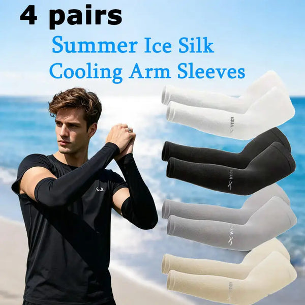 Four pairs of summer ice silk cooling arm sleeves in various colors displayed next to a man.