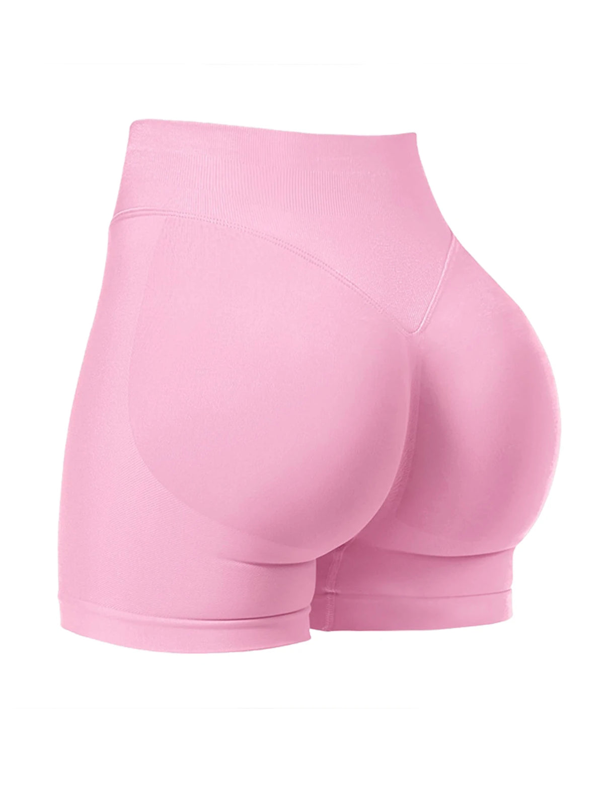 Un short de yoga sans couture rose taille haute, vu de l'arrière.