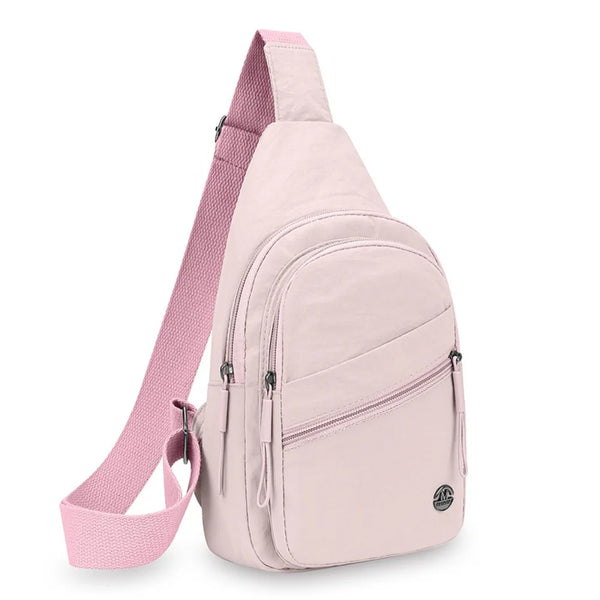 A pink durable crossbody messenger bag with a matching pink strap shown from the side.