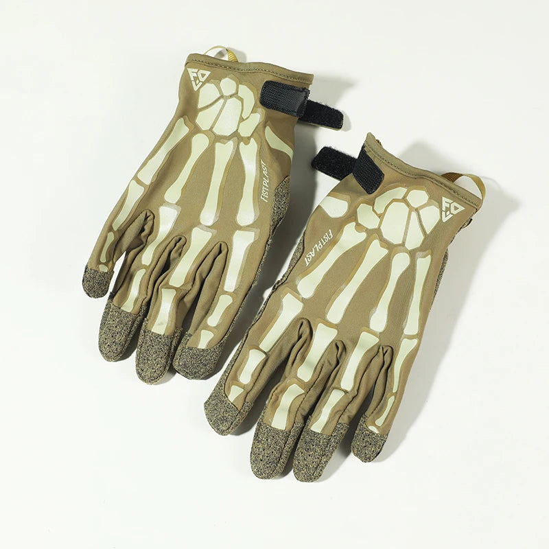 A pair of tan tactical finger gloves with a glow-in-the-dark pattern on the palm and fingers.