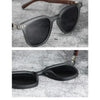 A pair of trendy wood grain polarized sunglasses shown in two views.