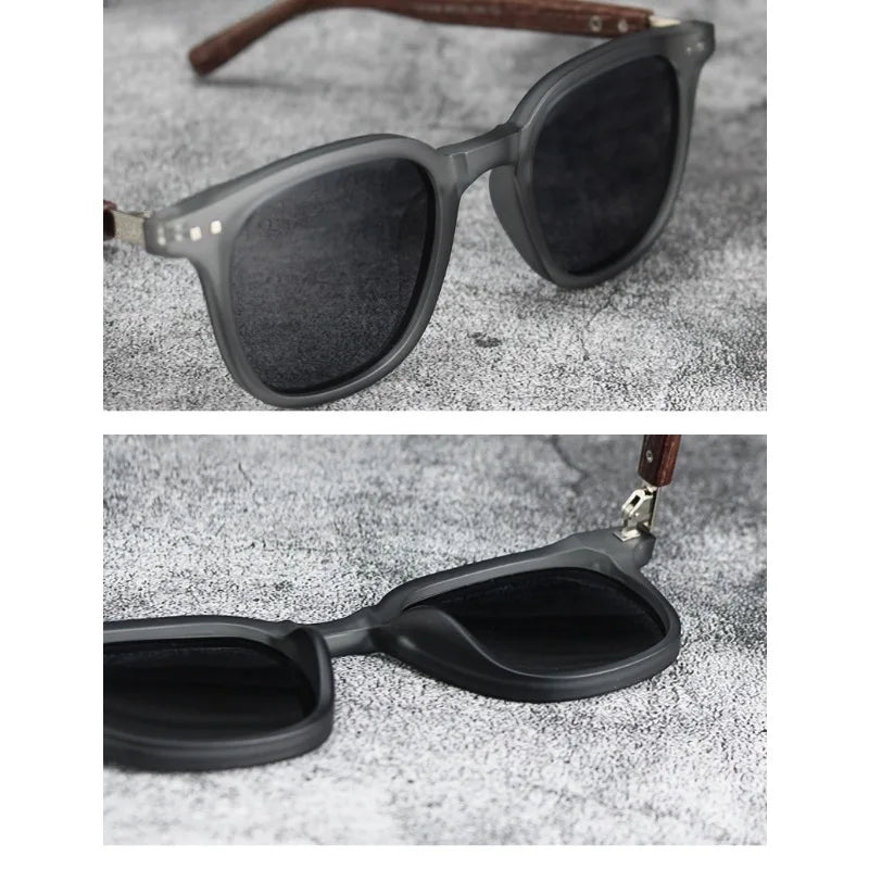 A pair of trendy wood grain polarized sunglasses shown in two views.