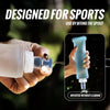 A hand holds a blue silicone water flask, inverted without leaking, designed for sports.