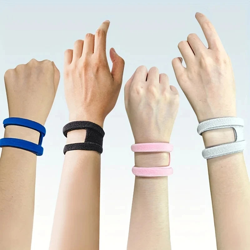 Various colored elastic pressure wrist straps being held up by hands to show their fit and use.