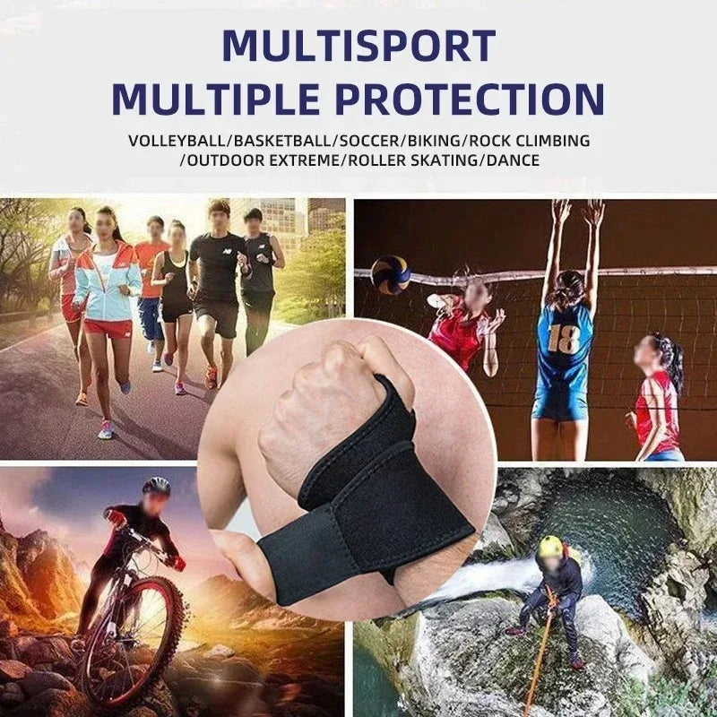 Eine Sammlung von Sportaktivitäten und ein verstellbarer Handgelenk-Stütze zur Schmerzlinderung.