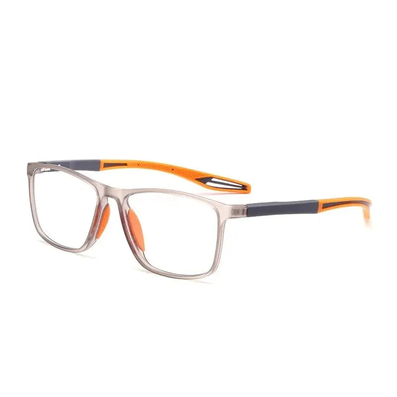 A pair of TR90 sports reading glasses with orange and gray frames.