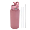 A pink stainless steel vacuum flask water bottle with a hinged straw cap and separate straw.