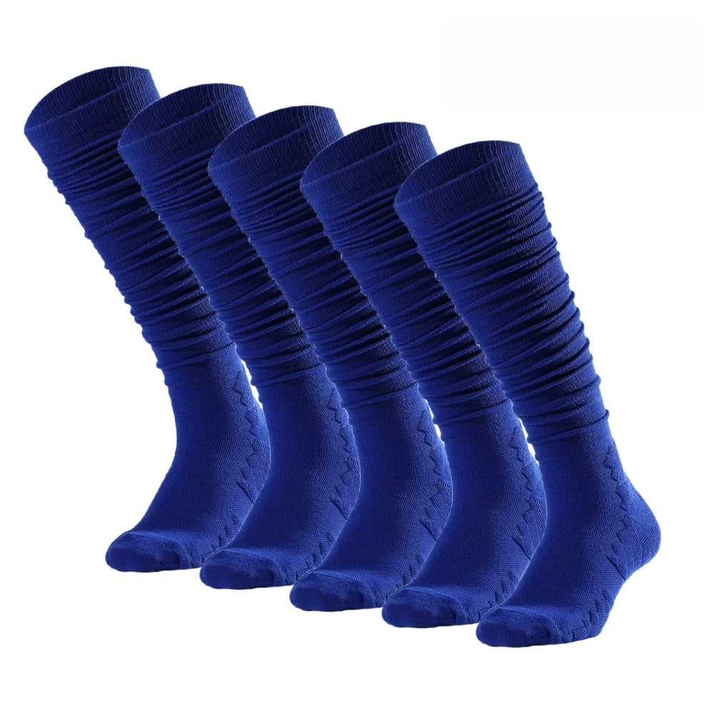 A stack of royal blue knee-high sports socks viewed from the side.