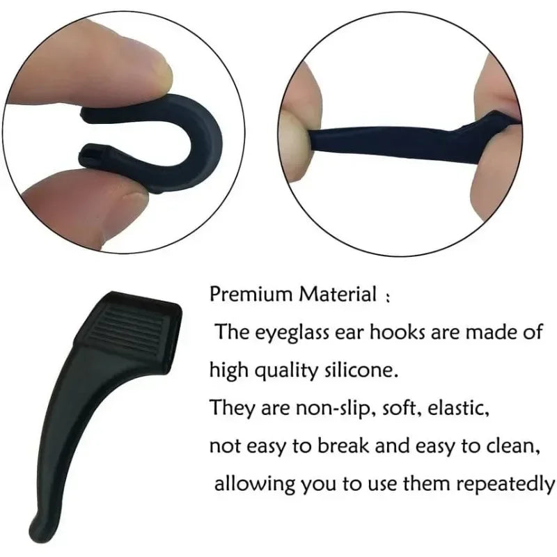 Close-up views of black silicone eyeglass ear hooks showing their shape and texture.