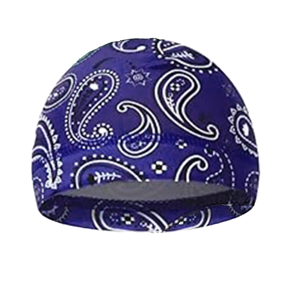 A royal blue printed headscarf cap with white paisley and floral patterns.