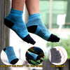 Blue compression socks for feet showing arch support, fit for sport, and toe spread.