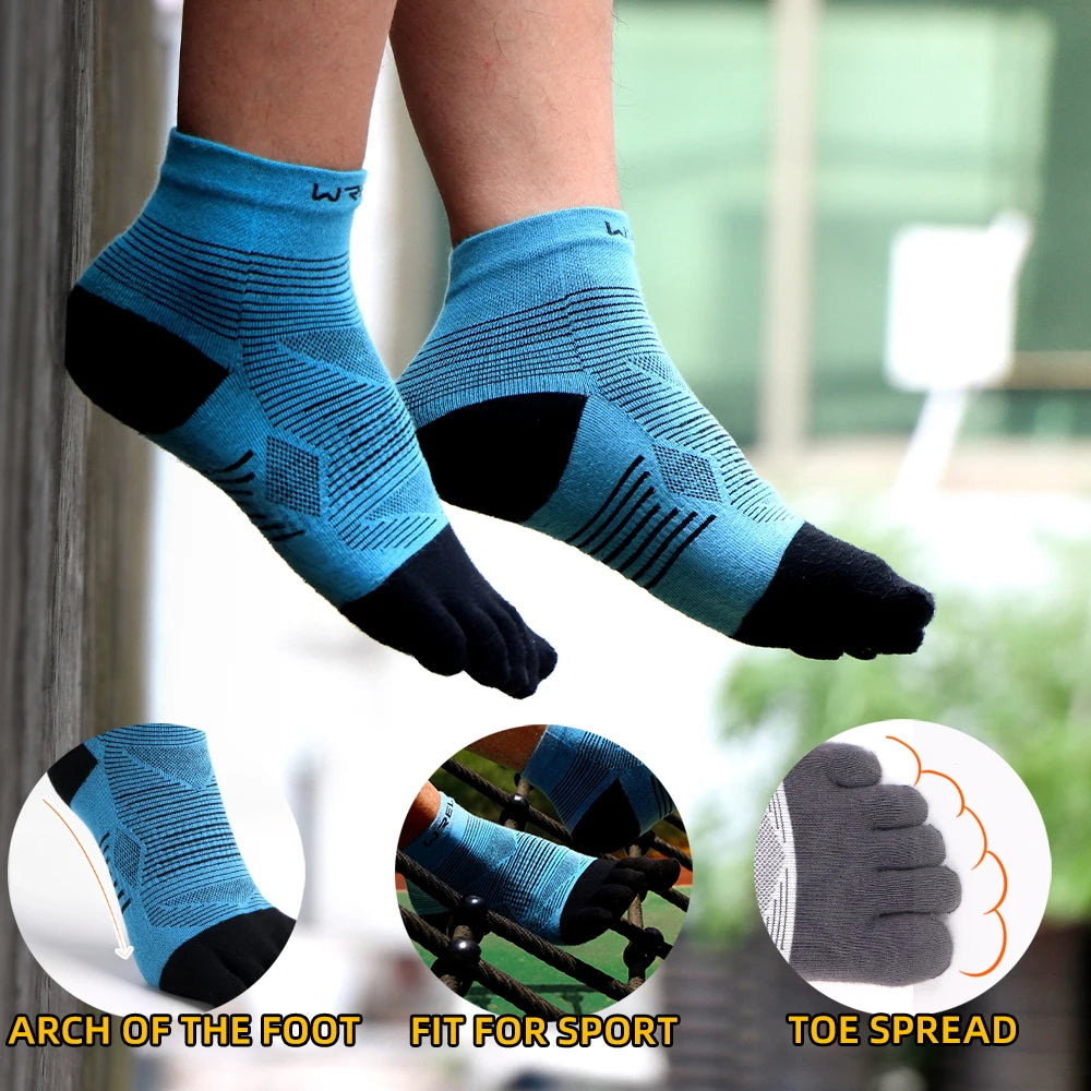 Blue compression socks for feet showing arch support, fit for sport, and toe spread.