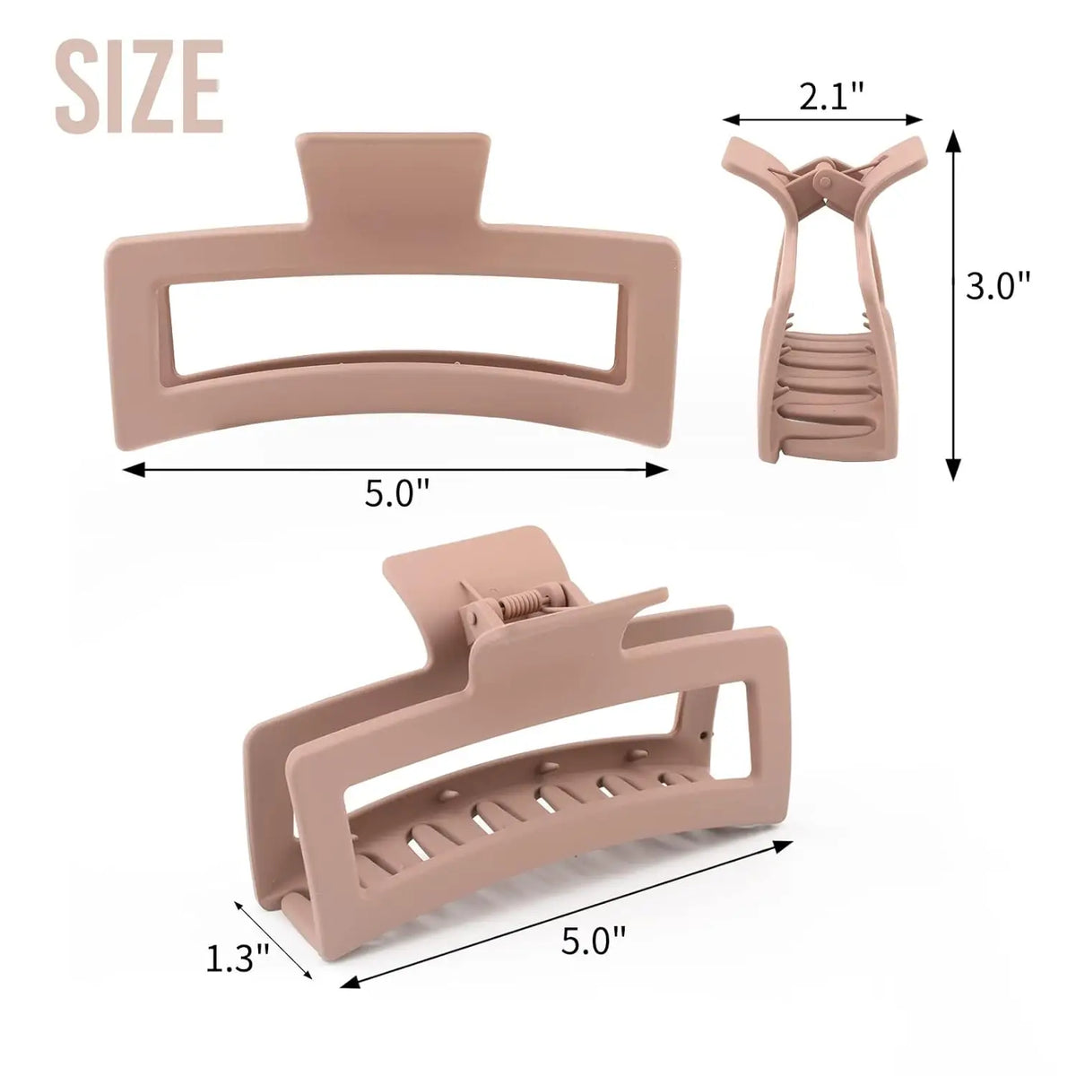 A set of extra large matte claw clips in a nude color, showing various sizes and dimensions.