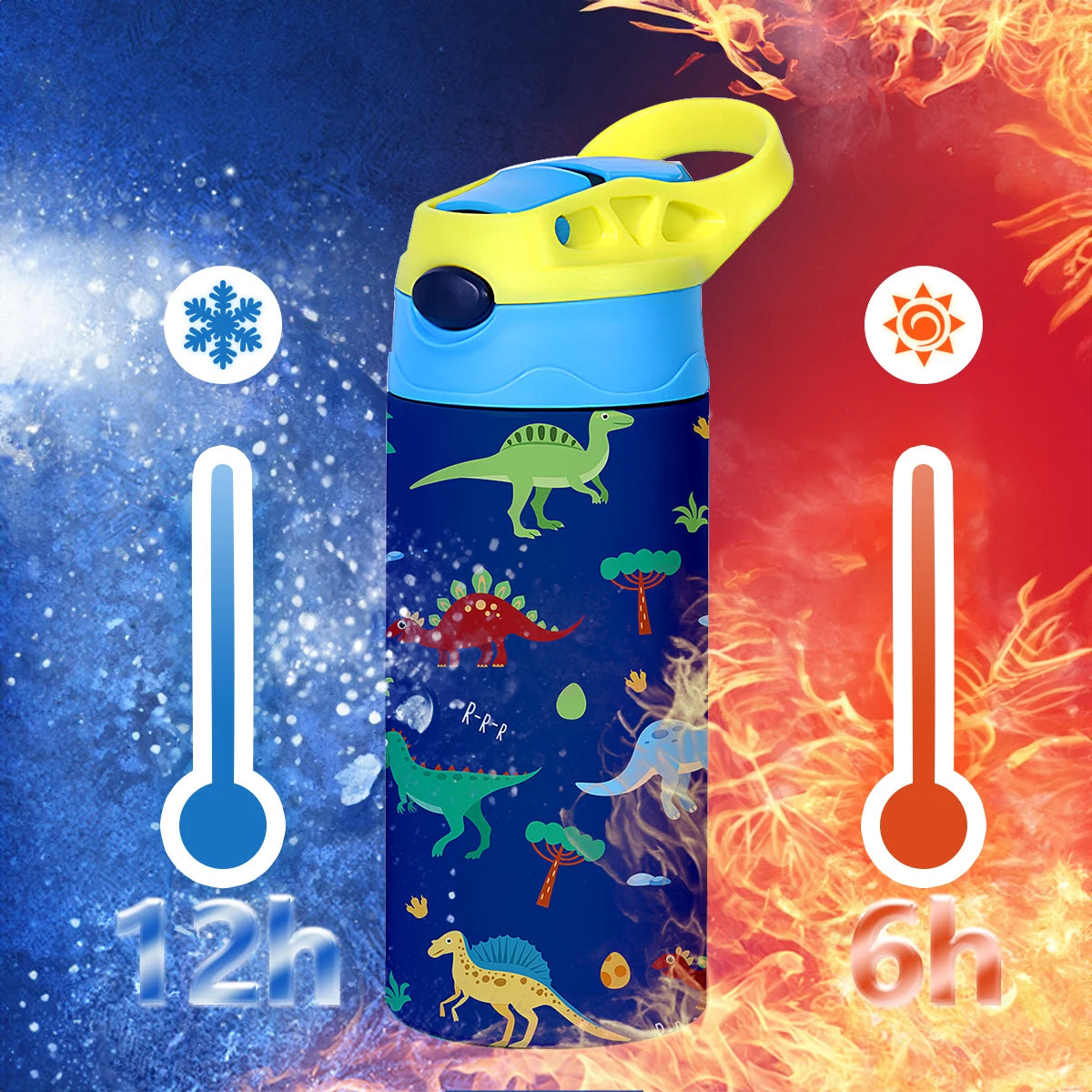 A blue insulated thermos cup with a dinosaur pattern is shown next to a thermometer indicating 12 hours and 6 hours.