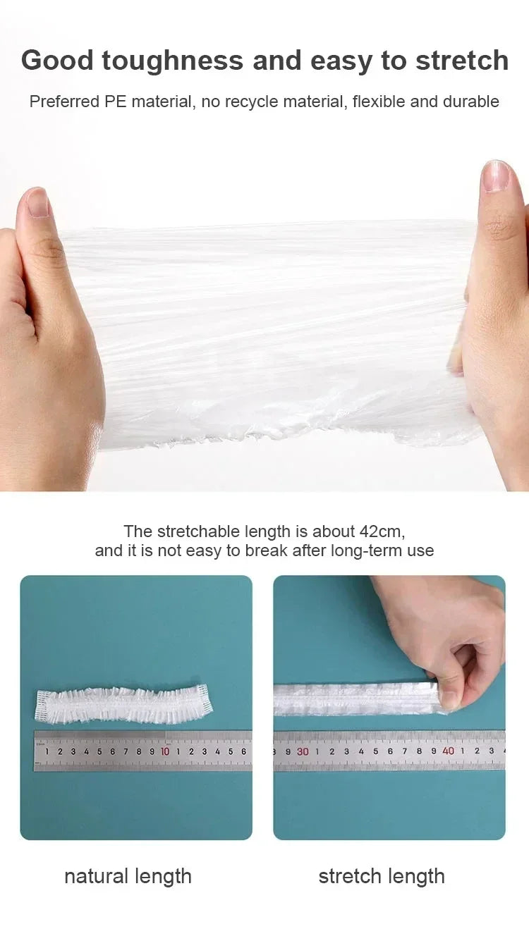 Capas desechables transparentes para extensiones y trenzas, mostrando longitudes naturales y elásticas