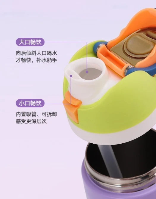 An orange and green stainless steel insulated fitness cup with a straw, showing features for easy cleaning and drinking.