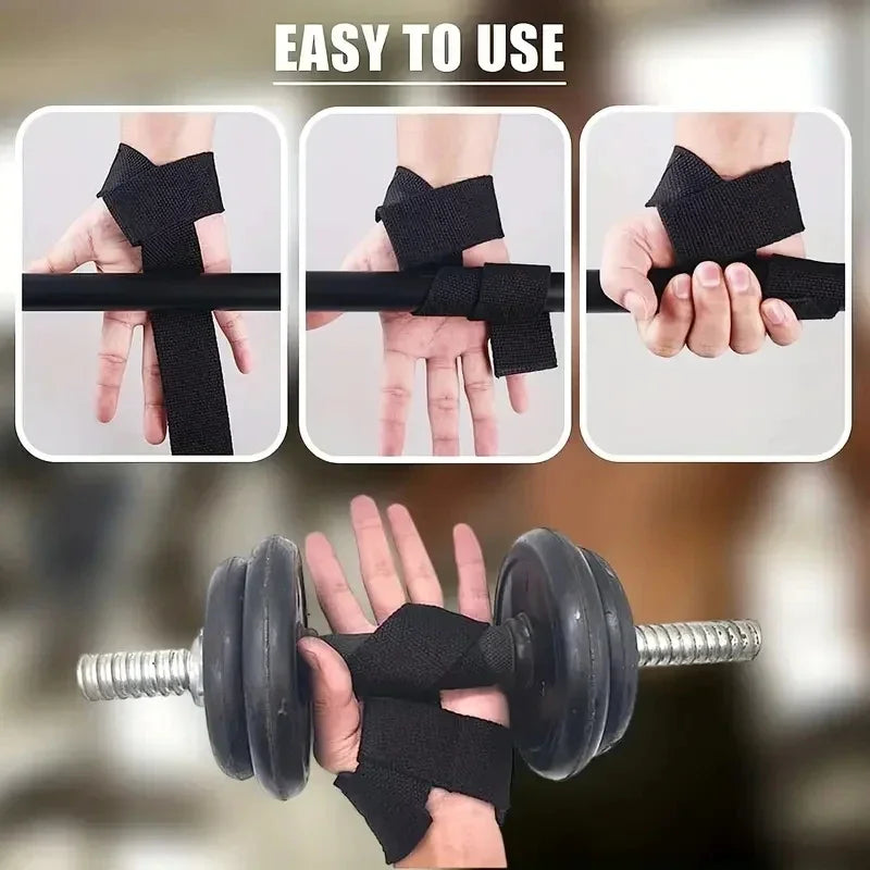 Demonstration of easy to use adjustable weightlifting wrist straps in black for grip support.