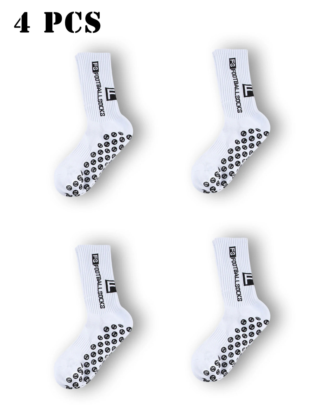 Four pairs of white men's athletic soccer socks with anti-slip grip shown from the side.