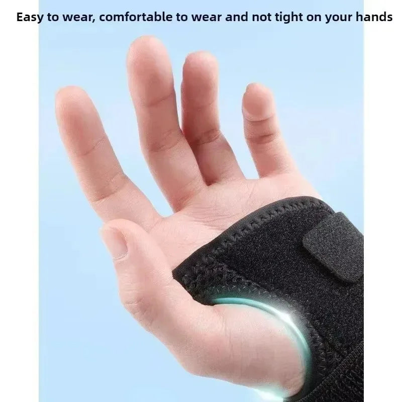 A hand wearing a black wrist brace for carpal tunnel relief, showing the comfortable fit.