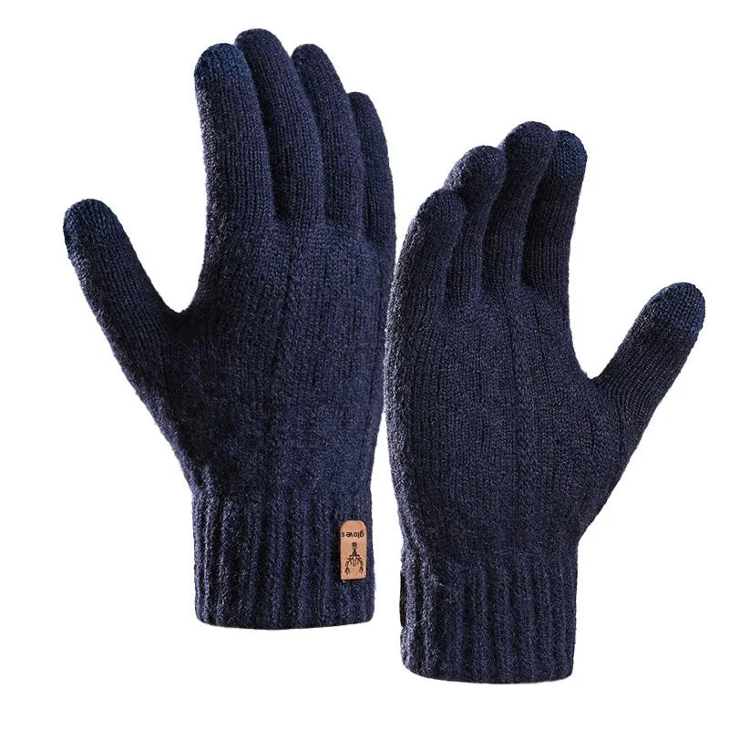 A pair of dark blue fleece winter gloves for men shown against a white background.