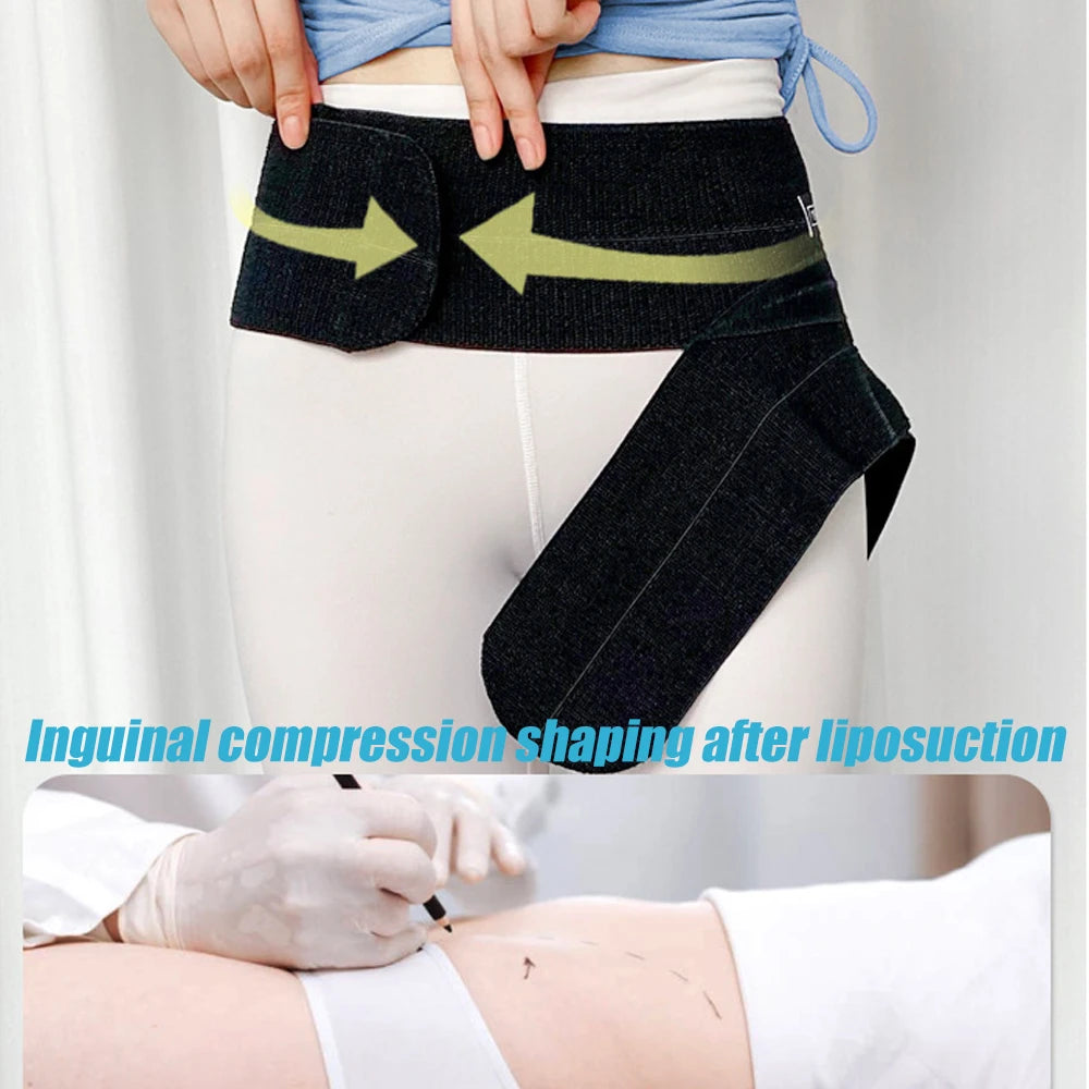 Black inguinal compression shaping brace worn on the thigh area of a person.