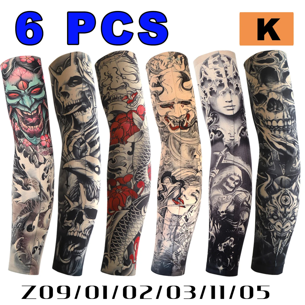 Six black and gray skull-themed arm sleeves displayed side by side.
