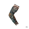 A black and brown tiger print reusable stretch tattoo arm sleeve worn on an arm.