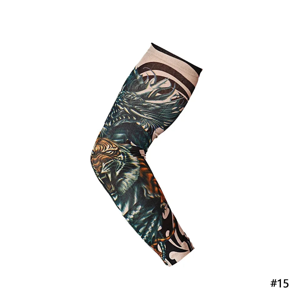 A black and brown tiger print reusable stretch tattoo arm sleeve worn on an arm.