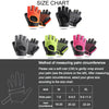 A size chart showing various sizes of breathable half-finger cycling and fitness gloves in black, orange, and pink.