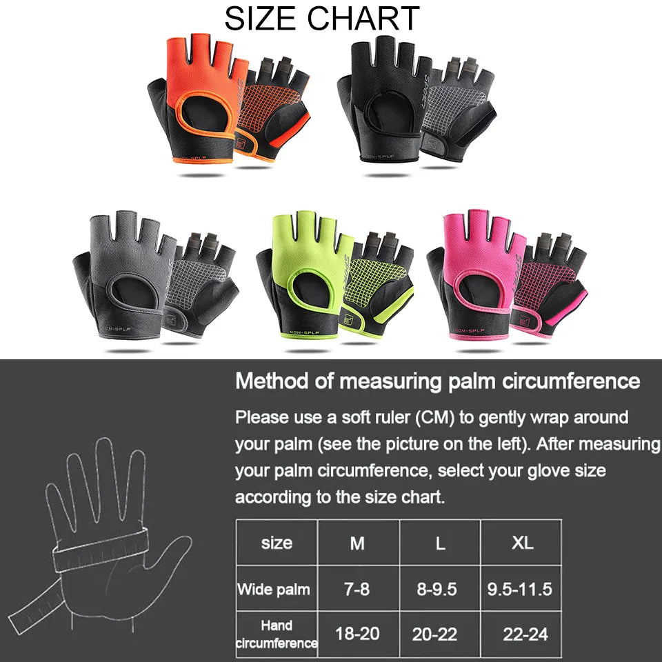 A size chart showing various sizes of breathable half-finger cycling and fitness gloves in black, orange, and pink.