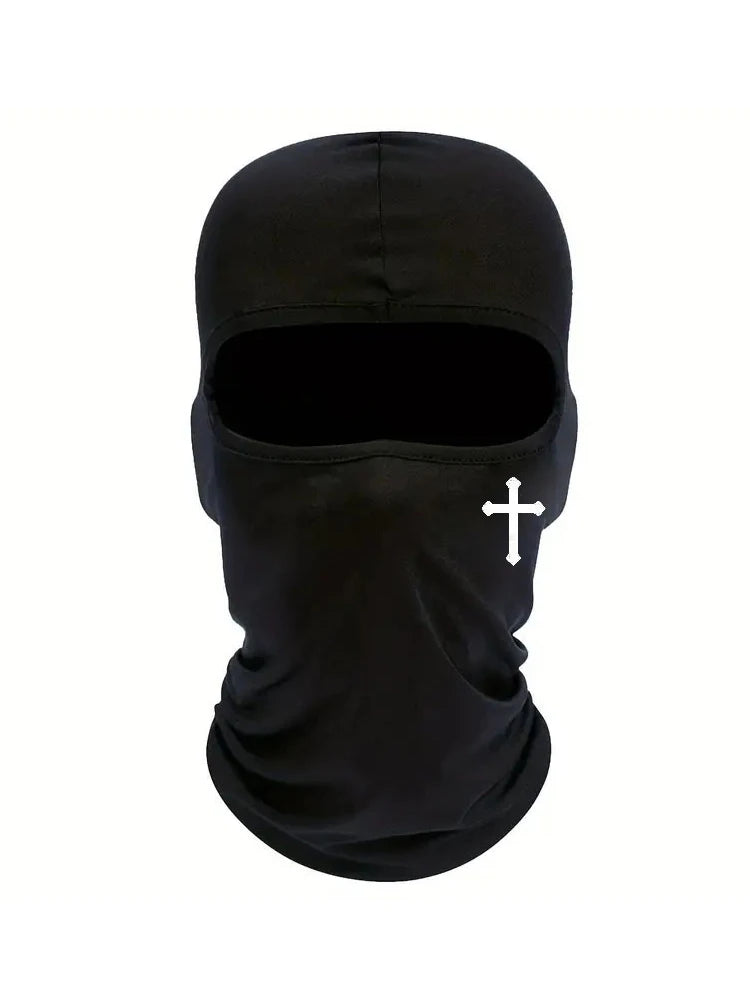 Schwarze atmungsaktive Vollgesichts-Balaclava/Skimaske mit weißer Kreuzverzierung