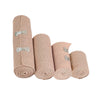 A set of four beige elastic tendon bandages rolled into cylinders with silver fasteners.