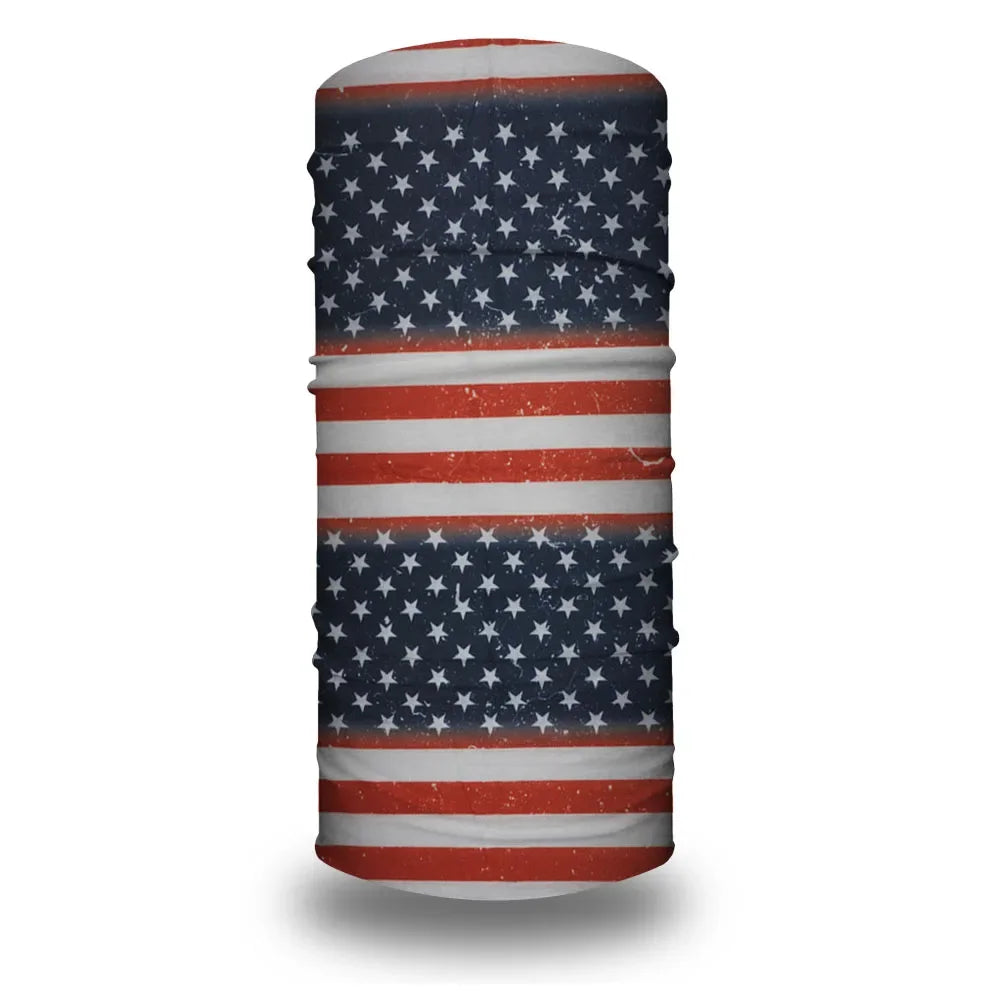 A rolled USA flag tube bandana or head wrap featuring the stars and stripes pattern.