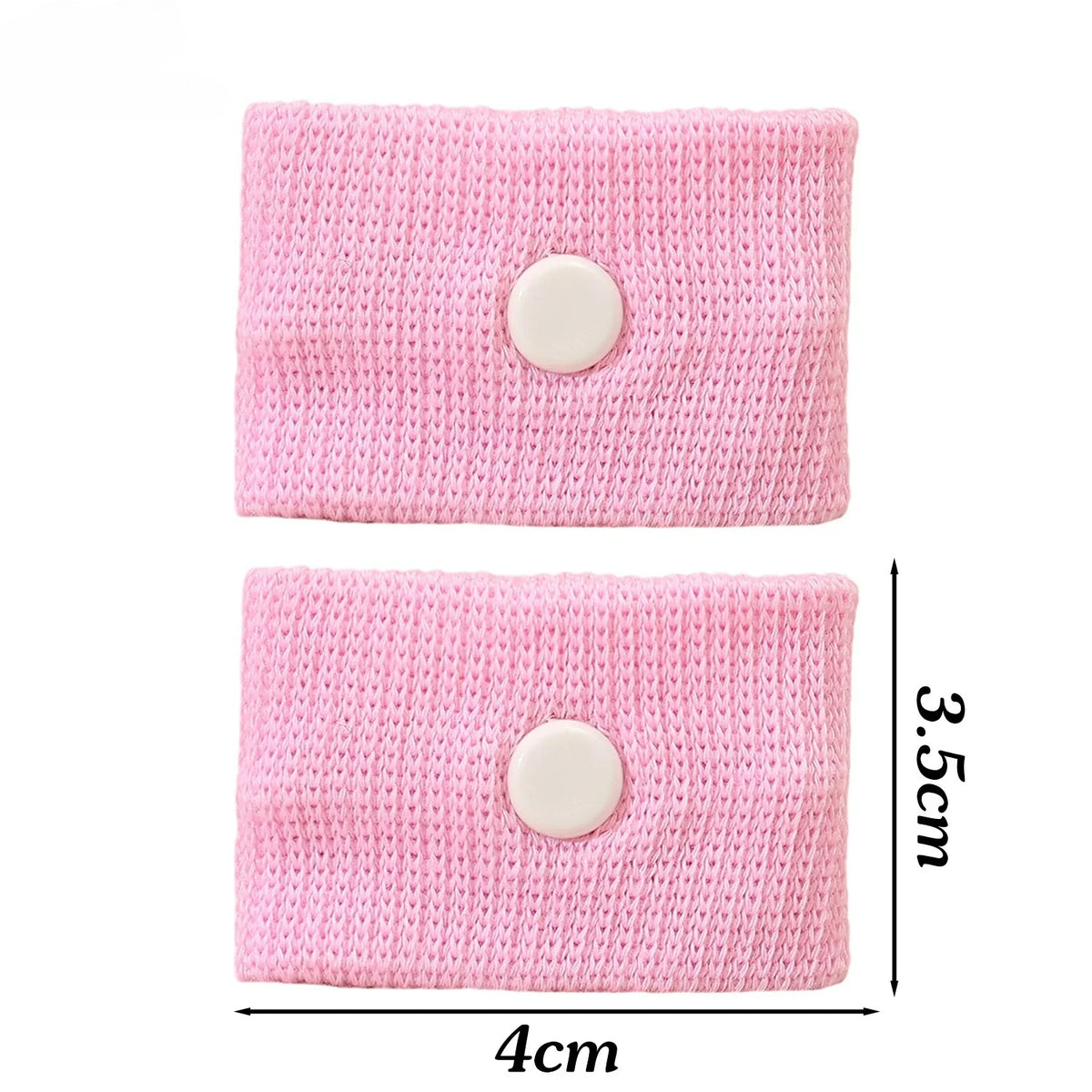 Pink knitted wristband with a circular button for anti-nausea relief