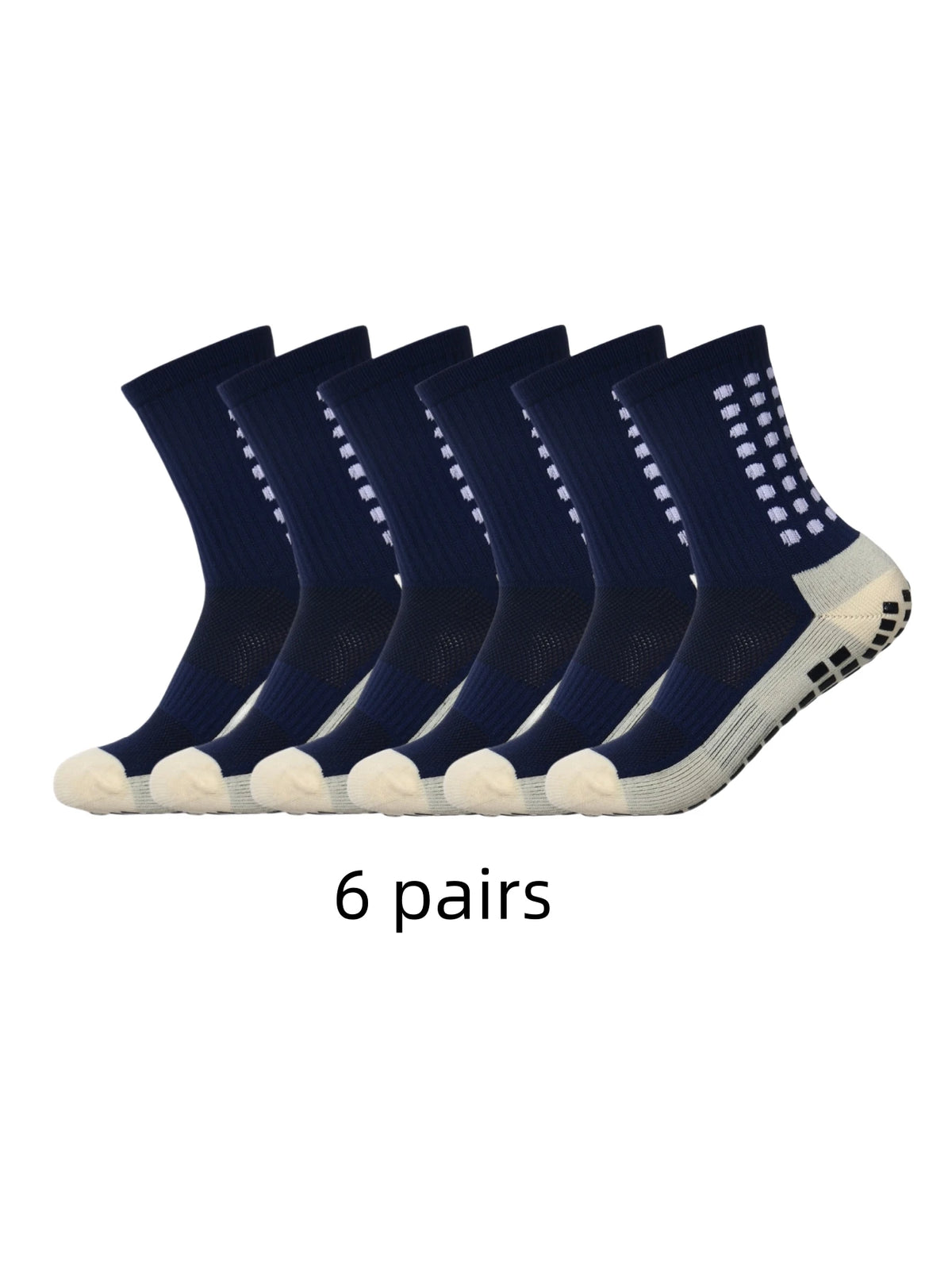 Sechs Paar dunkelblaue sportliche rutschfeste Funktionssocken in einer Reihe.