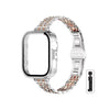 Stainless steel watch band for a fitness tracker, featuring a textured metal design.