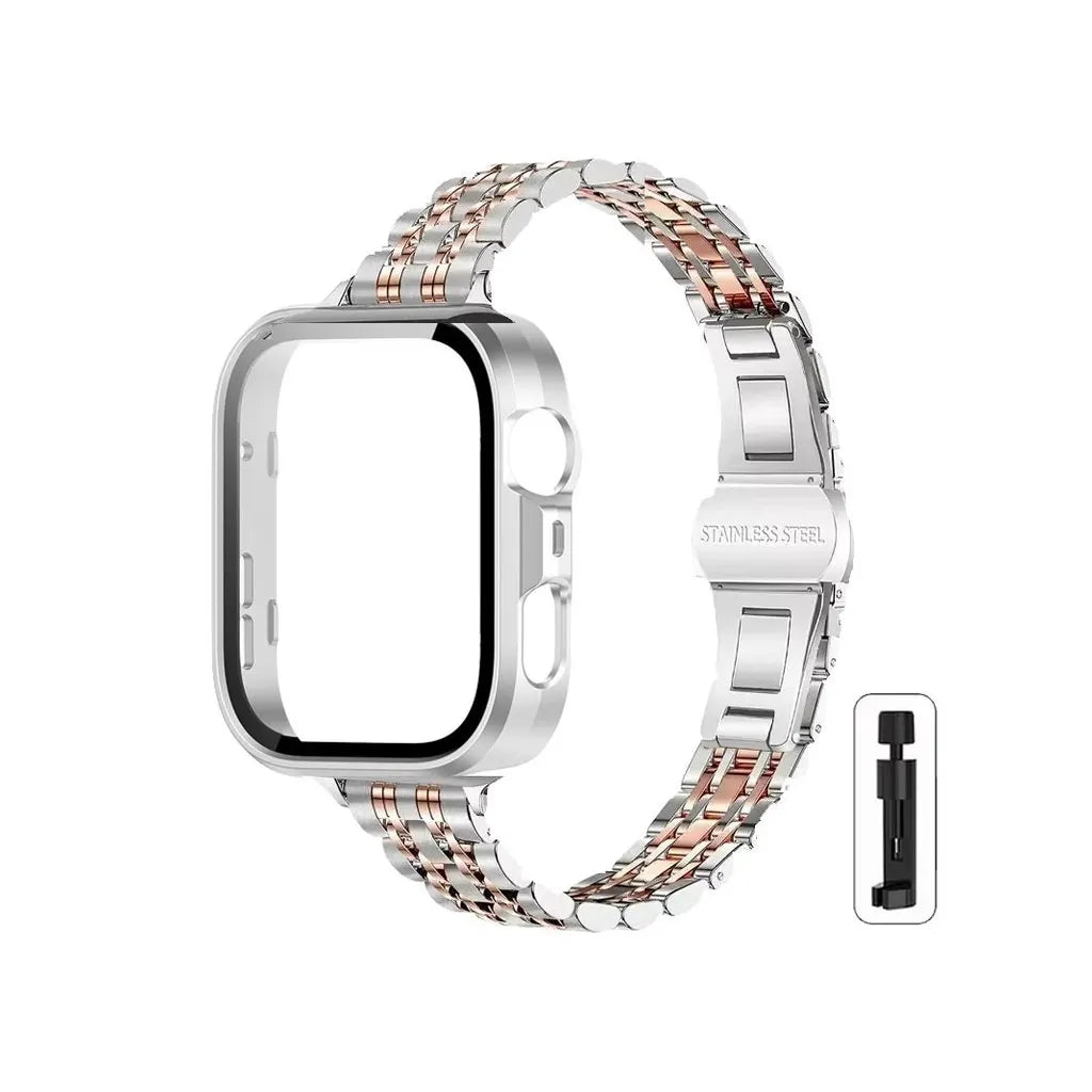 Stainless steel watch band for a fitness tracker, featuring a textured metal design.