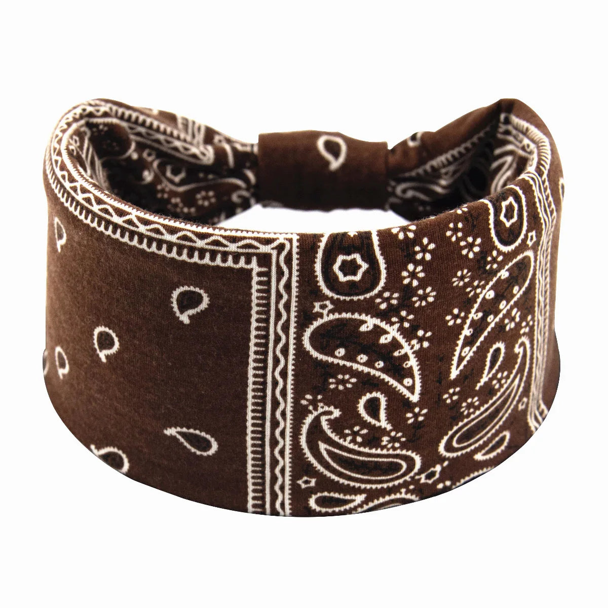 Dunkelbraunes Stoff-Haarband mit weißer Paisley- und geometrischer Stickerei.