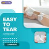 A hand is shown applying or removing a piece of white medical tape on an arm, demonstrating its easy tear feature.