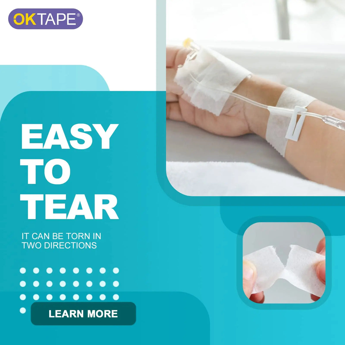 A hand is shown applying or removing a piece of white medical tape on an arm, demonstrating its easy tear feature.