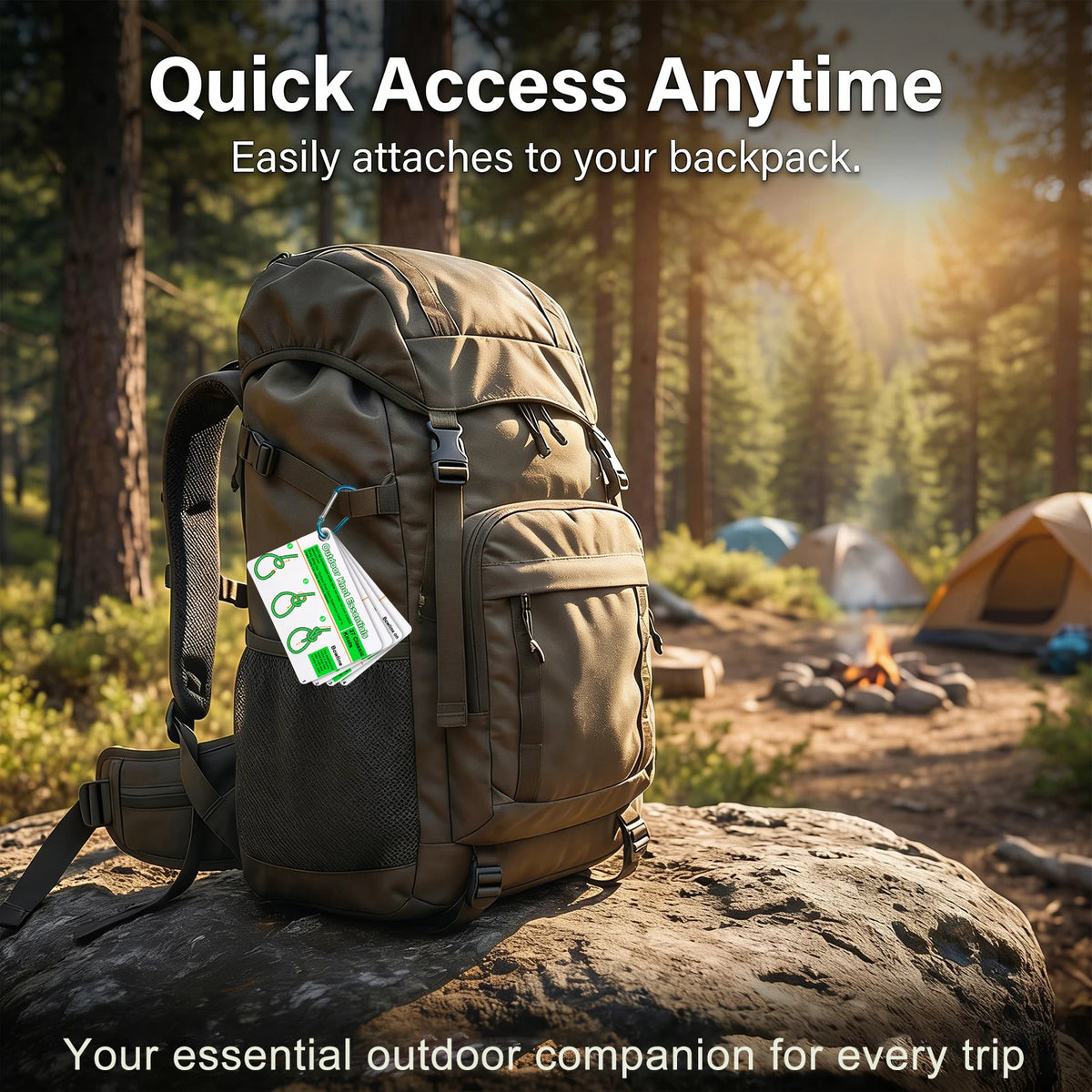 A brown backpack with an outdoor knot essentials guide attached, resting on a rock in a forest setting.