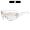 Clear plastic futuristic sunglasses with a star detail shown against a white background.
