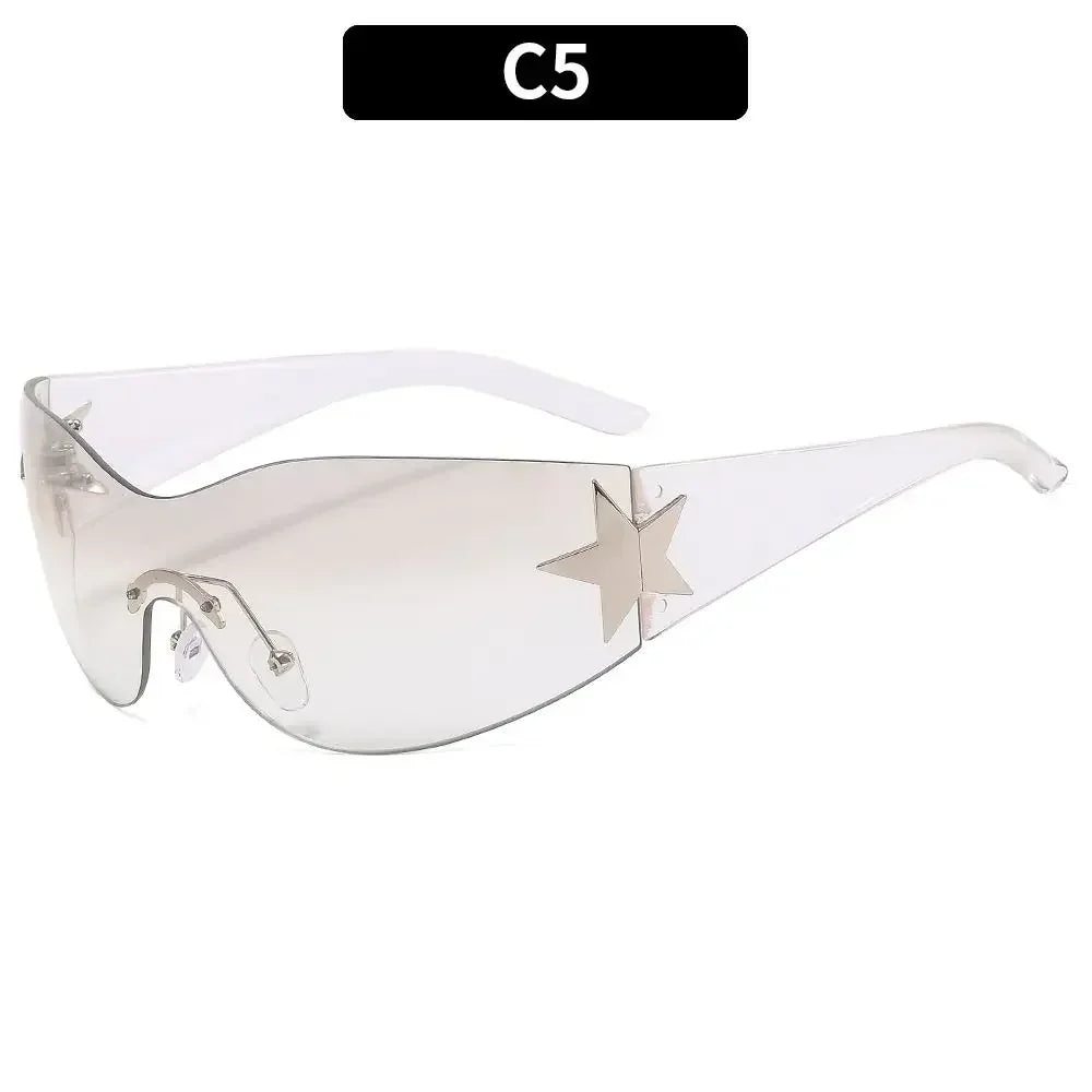 Clear plastic futuristic sunglasses with a star detail shown against a white background.