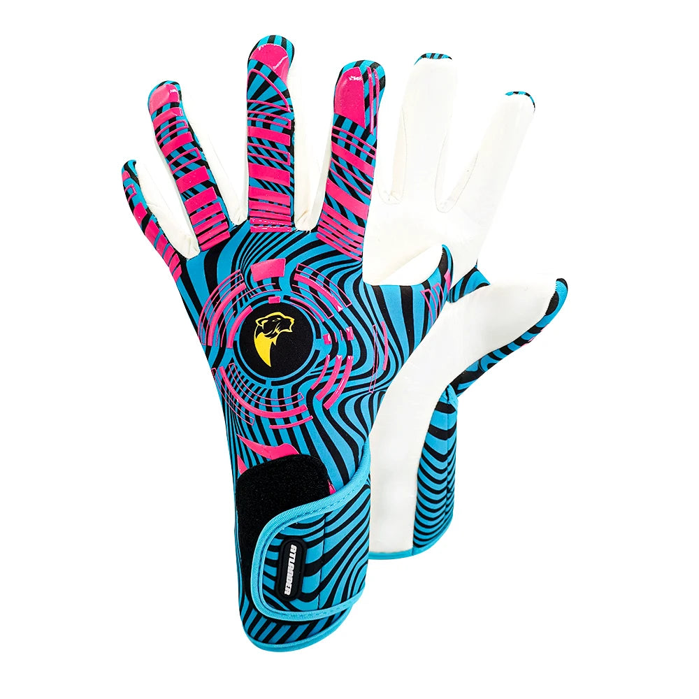 A pair of high-performance goalkeeper gloves featuring black, pink, and blue striped designs.