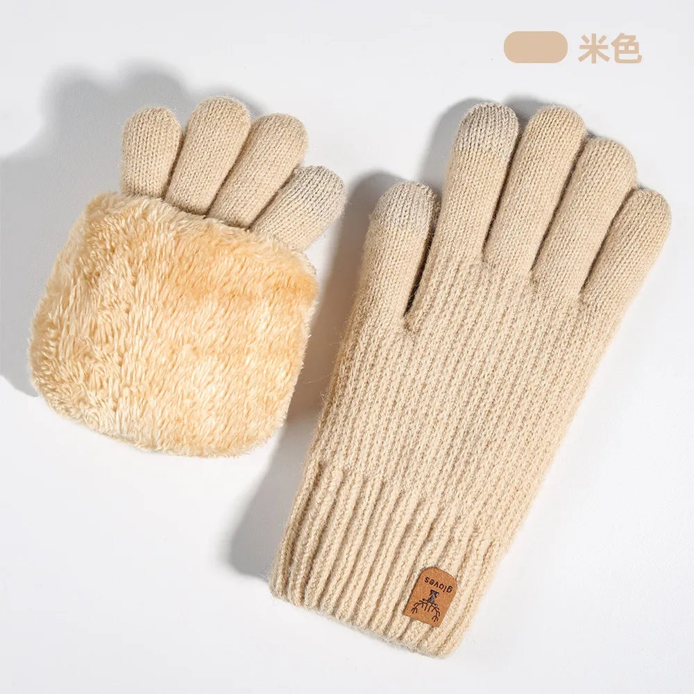 A pair of beige knit thermal gloves shown against a white background.