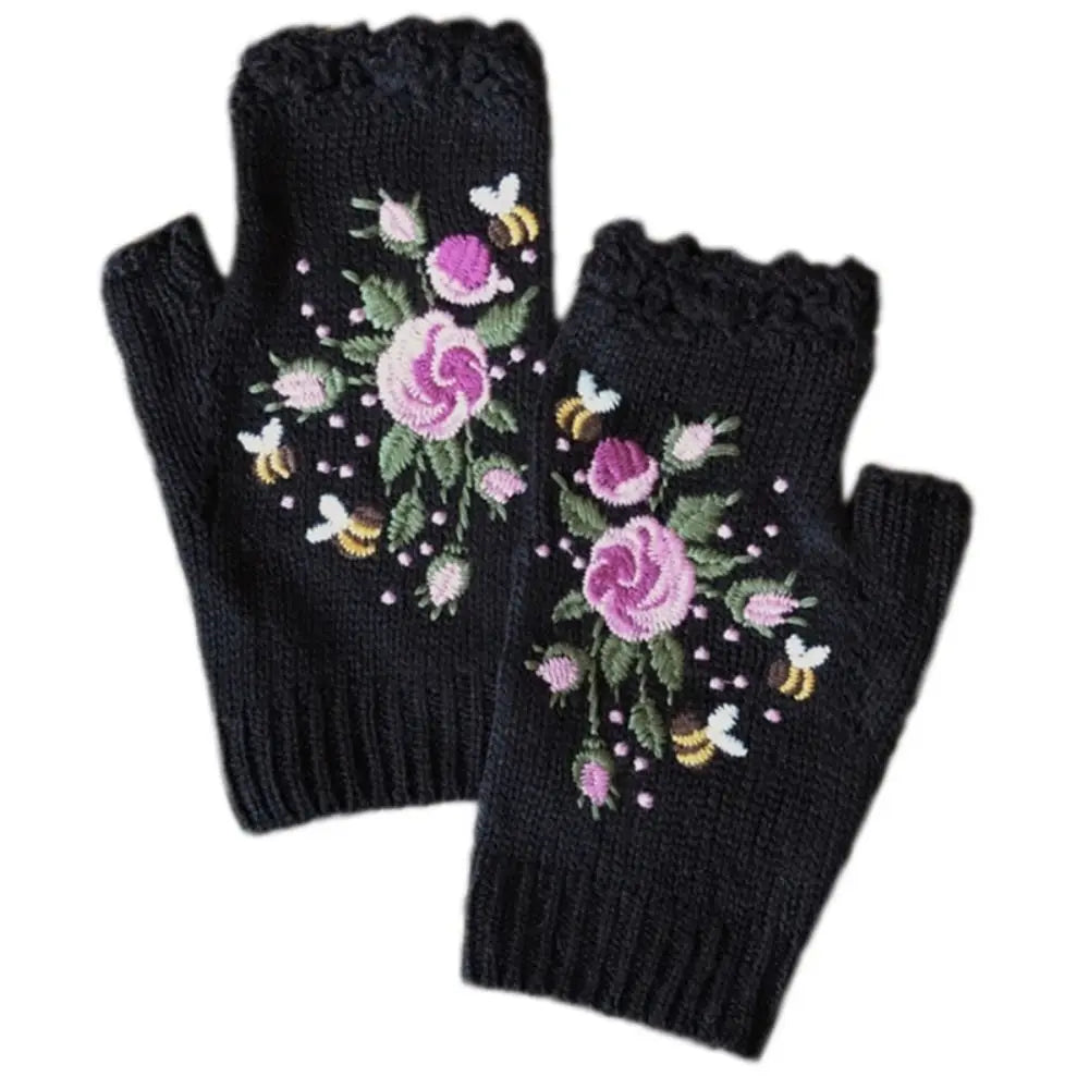 Embroidered Floral Bee Fingerless Gloves